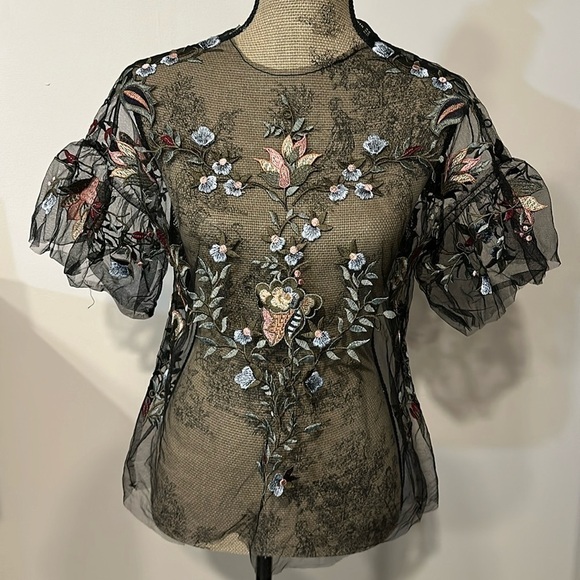 Zara black sheer mesh embroidered flutter sleeve top with keyhole neck size XS - Picture 2 of 10
